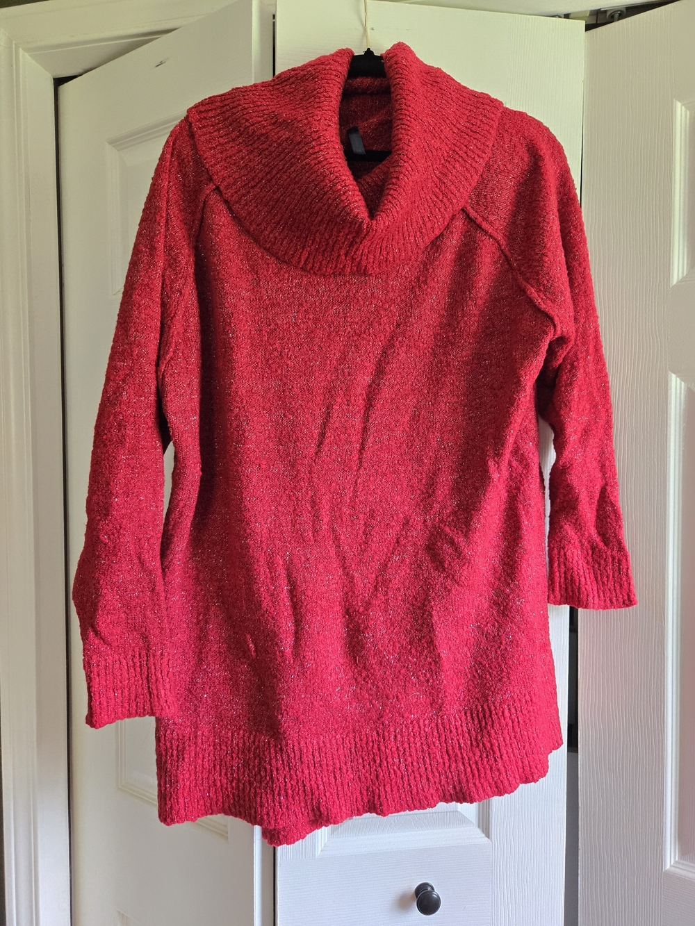 FALLS CREEK Bright Red Sparkle Cowl Neck Tunic Sweater